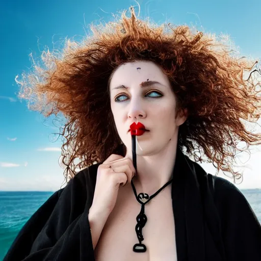 Image similar to a woman throwing up, a beautiful english woman with a long face narrow nose pale skin blue eyes red lips and wild messy tangles of curly white blonde hair leaning over the side of a sailing ship and throwing up, high resolution film still wearing a black robe and skull necklace and holding a spear, sandy, a journey to the west