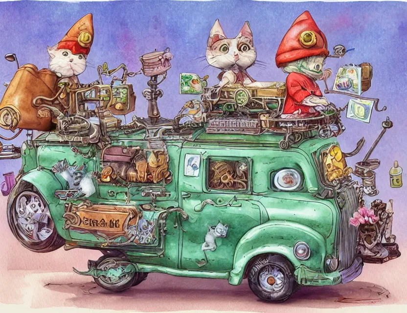 Image similar to cute and funny, a garden gnome driving a steampunk bus, a cat on the roof holding on, ratfink style by ed roth, centered award winning watercolor pen illustration, isometric illustration by chihiro iwasaki, edited by range murata, tiny details by artgerm and watercolor girl, sharply focused