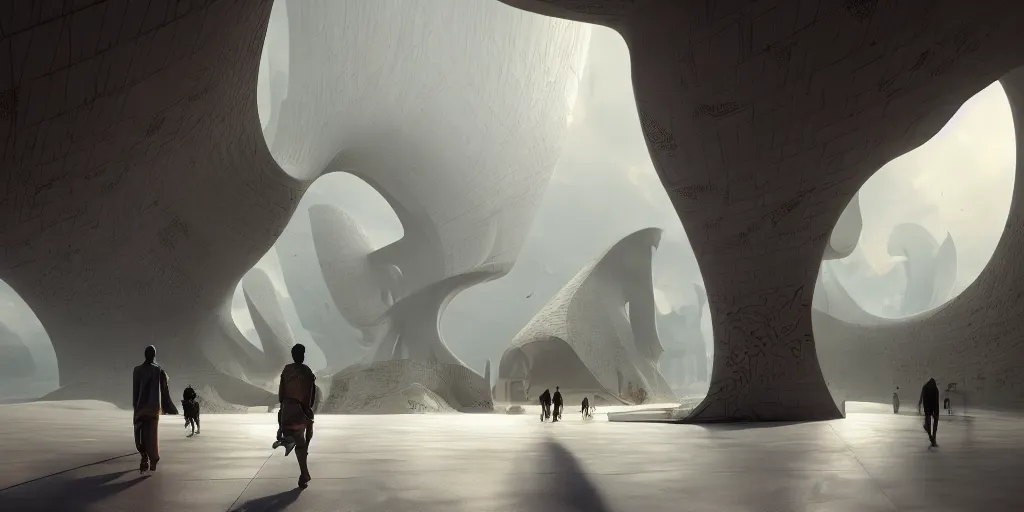 Image similar to the inside of a monument with nigerian motifs, by tim blandin and arthur haas and bruce pennington and john schoenherr, big windows architecture by zaha hadid, octane render, warm colour scheme, white, cinematic, scenery, cgsociety, modernism, futuristic, trending on artstation, sci - fi, high detail, high quality, close up angle, people walking