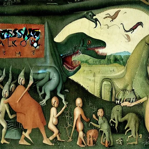 Prompt: jurassic park by hieronymous bosch