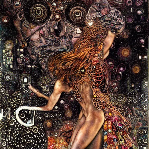 Image similar to depraved cybernetic demon tripping on lsd, circuitry, intricate detail, klimt, royo,