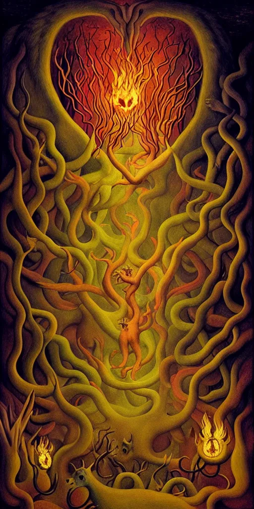 Image similar to mythical creatures and monsters in the visceral anatomical human heart imaginal realm of the collective unconscious, in a dark surreal painting by johfra, leonora carrington and ronny khalil, dramatic lighting fire glow