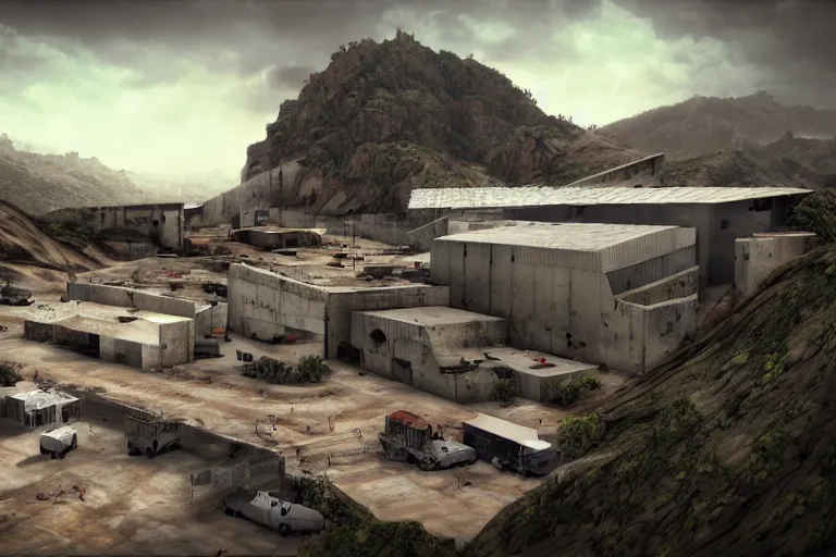 Image similar to favela hospital hangar bunker, desert environment, industrial factory, cliffs, gloomy, milky way, award winning art, epic dreamlike fantasy landscape, ultra realistic,