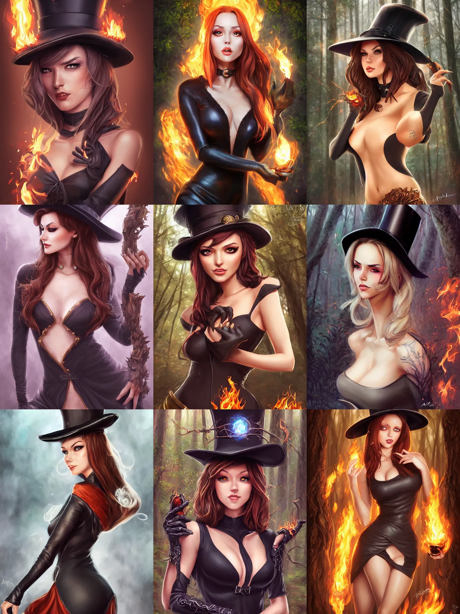 Prompt: full portrait of a dark fantasy female pyromancer, skintight dress, top hat, finesse, key visual, realistic shaded perfect face, fine details, forest background, smooth, highly detailed, digital illustration, by artgerm, rossdraws, frank franzzeta