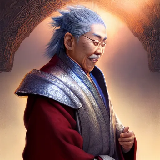 Prompt: portrait painting of a 6 0 year old kind handsome taoist priest, like runfa zhou, silver ponytail hair, amiable by wenjun lin, irakli nadar, bright colors, octopath traveler, wenjun lin, unreal engine 5 highly rendered, global illumination, radiant light, detailed and intricate environment