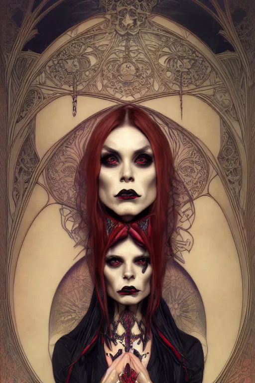 Image similar to portrait of a satanic witch, tattooed face, upper body, decorated, intricate, elegant, highly detailed, digital painting, artstation, concept art, smooth, sharp focus, illustration, art by artgerm and greg rutkowski and alphonse mucha, 8 k