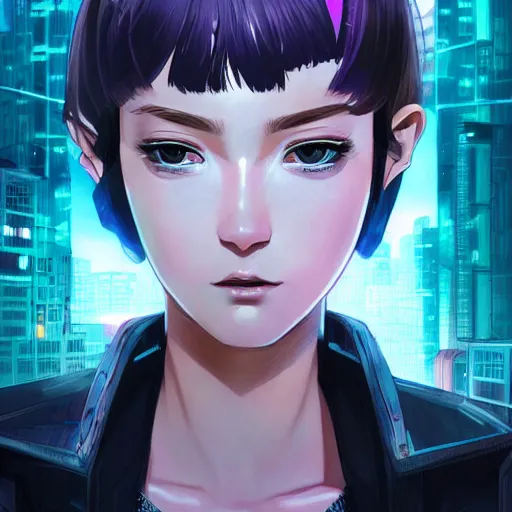 Image similar to A comic potrait of a cyberpunk cyborg girl with big and cute eyes, fine-face, realistic shaded perfect face, fine details. Night setting. Very anime style. Realistic shaded lighting poster by Ilya Kuvshinov katsuhiro, magali villeneuve, artgerm, Jeremy Lipkin and Michael Garmash, Rob Rey and Kentarõ Miura style, trending on art station