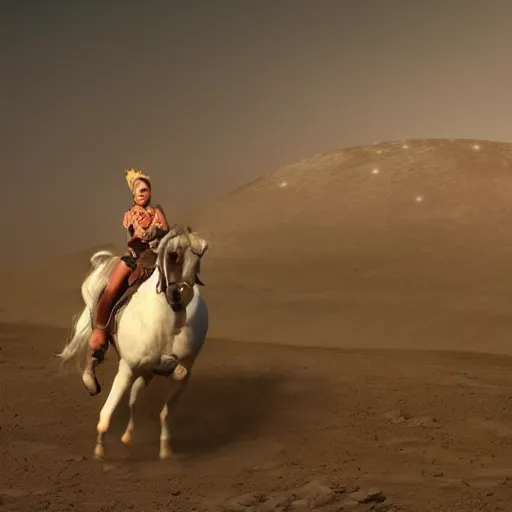 Image similar to A fantasy style real photo of Annita riding a horse on the moon, dynamic lighting