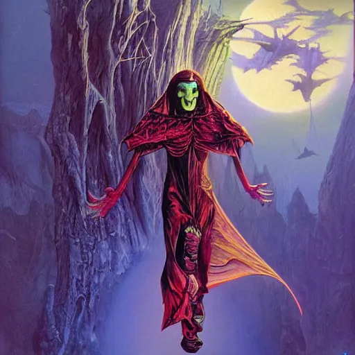 Prompt: Vampire traveling through a beautiful psychedelic world, illustrated by Jim Burns