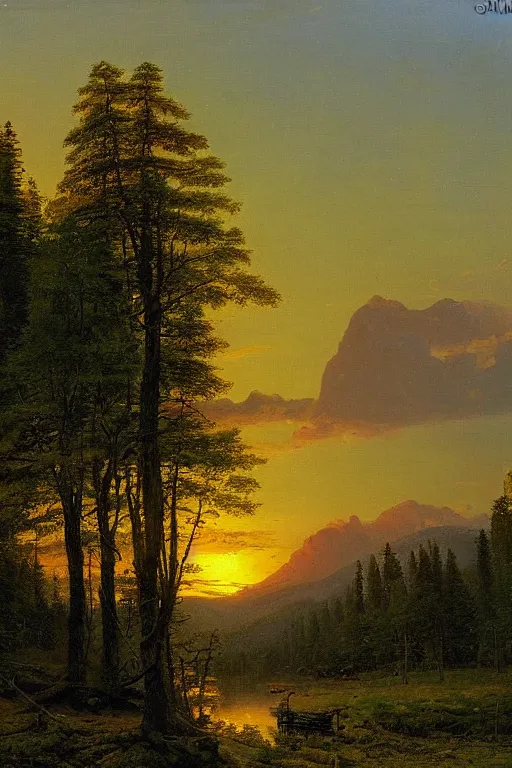 Image similar to the green mountains sunset painting by ivan shishkin