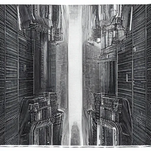 Image similar to a pencil drawing of a futuristic city