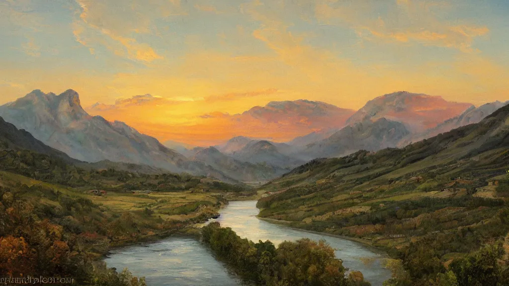 Image similar to The most beautiful panoramic landscape, oil painting, where the mountains are towering over the valley below their peaks shrouded in mist. The sun is just peeking over the horizon producing an awesome flare and the sky is ablaze with warm colors and stratus clouds. The river is winding its way through the valley to an ancient italian village, some smoke comes out of the village, the trees are starting to turn yellow and red, by Greg Rutkowski, aerial view