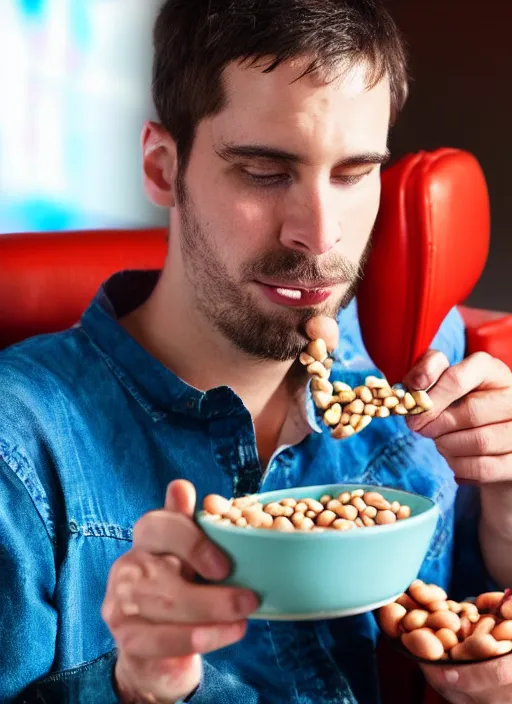 Image similar to award winning photograph of a man at a movie theater eating beans, 4 k, uhd, highly detailed, realistic, close up