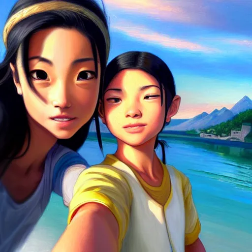 Image similar to beautiful serene intricate portrait of katara and toph beifong taking a selfie, smiling softly, relaxing on the beach, golden hour, soft focus, 8 k, art by irakli nadar, hyperrealism, hyperdetailed, ultra realistic