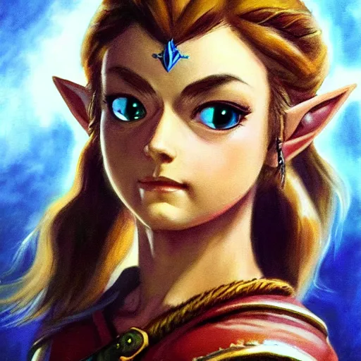 Image similar to an ultra - realistic portrait painting of zelda from the legend of zelda in the style of frank frazetta. 4 k. ultra - realistic. highly detailed. dark fantasy. epic lighting.