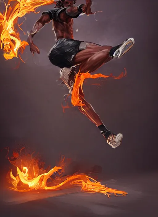 Image similar to a highly detailed illustration of young black guy with tall hair wearing tracksuit with flaming feet, heroic kicking pose, intricate, elegant, highly detailed, centered, digital painting, artstation, concept art, smooth, sharp focus, league of legends concept art, wlop