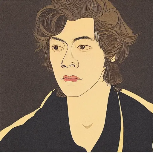 Image similar to “ harry styles portrait by ikenaga yasunari and ayana otake and ko rakusui, 6 0 s poster, drawing, realistic, sharp focus, japanese, dreamy, nostalgia, faded, golden hues, floral clothes ”