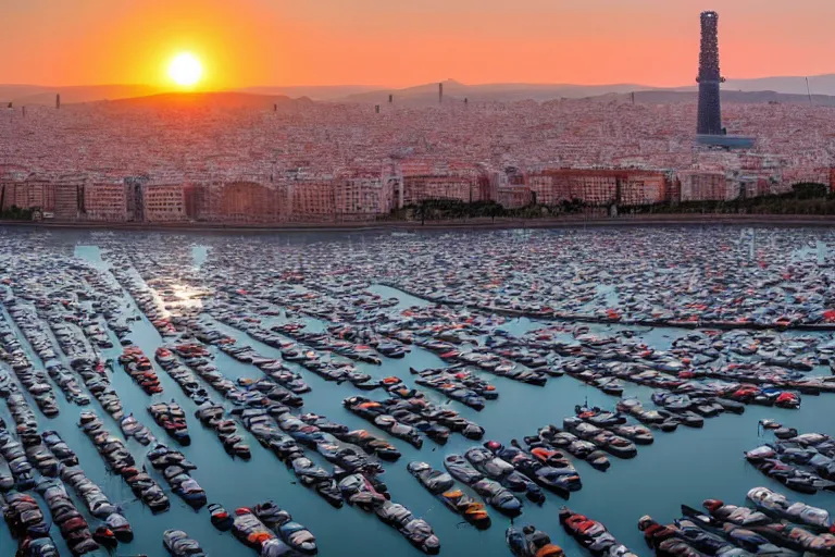 Image similar to views of catastrophic barcelona's agbar tower covered with high water, global warming, floating cars, sunset lighting, photo real