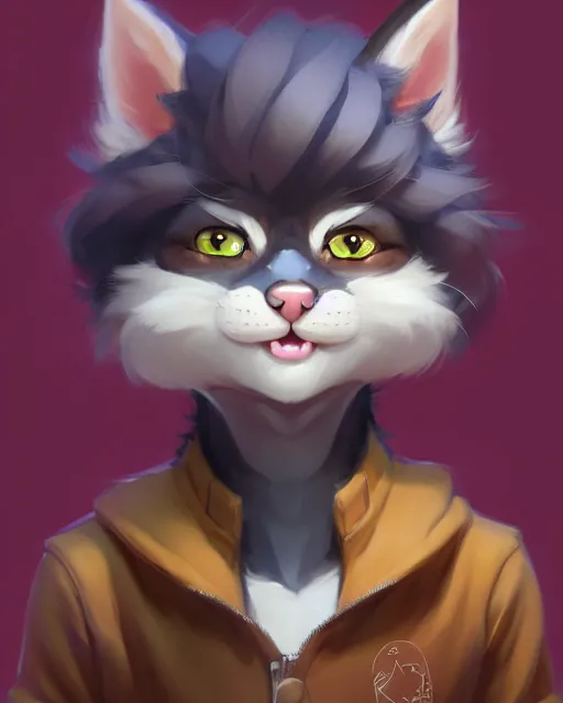 Image similar to character concept art of a cute young male anthropomorphic furry cat | | cute - fine - face, pretty face, key visual, realistic shaded perfect face, fine details by stanley artgerm lau, wlop, rossdraws, james jean, andrei riabovitchev, marc simonetti, and sakimichan, trending on artstation