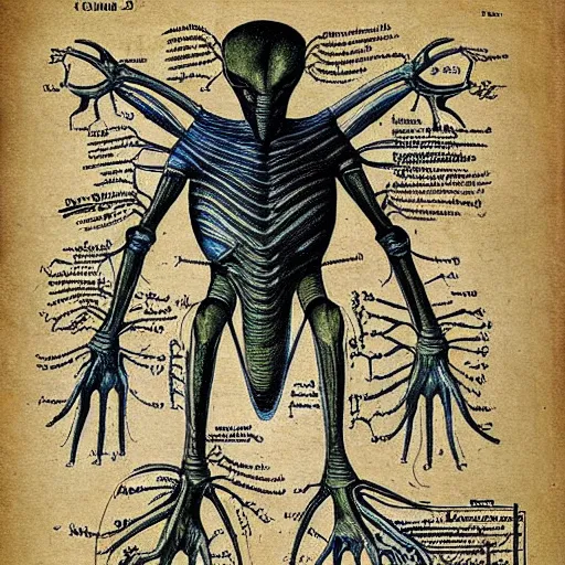 Image similar to 1 2 century scientific schematics alien anatomy, handwriting annotations!!!, blueprint, patent registry