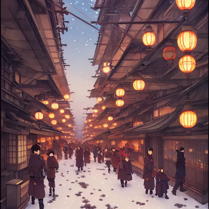 Image similar to japanese big city, winter, in the style of studio ghibli, j. c. leyendecker, greg rutkowski, artem