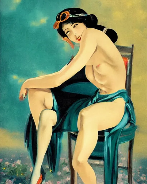 Prompt: A very beautiful painting of hatsune Miku sitting on the chair by Enoch Bolles and Gil Elvgren