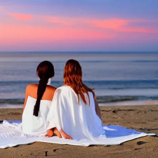 Prompt: two young ghost women wearing white dresses sitting on a blanket at a beach