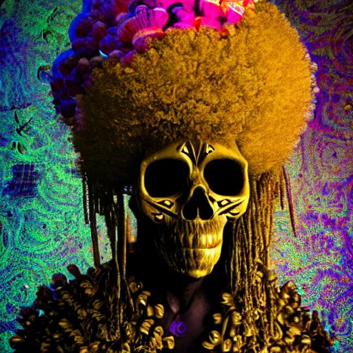 Image similar to a golden skull face african electric shaman with an afro made of flowers, third eye art art by machina infinitum, complexity from simplicity, rendered in octane, mandelbulb 3 d, ambient occlusion, macro photography, tribal, retrowave