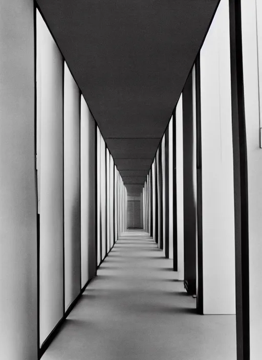 Prompt: a photograph of a hallway designed by louis kahn, 3 5 mm, film camera, dezeen, architecture, center framing