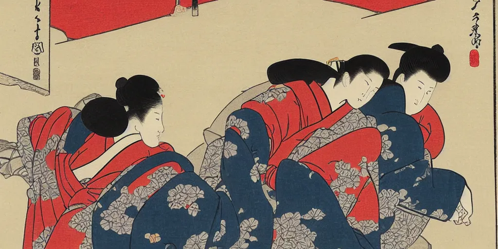 Image similar to ukiyo - e woodblock print of a geisha and a samurai inside a bedroom, by hokusai
