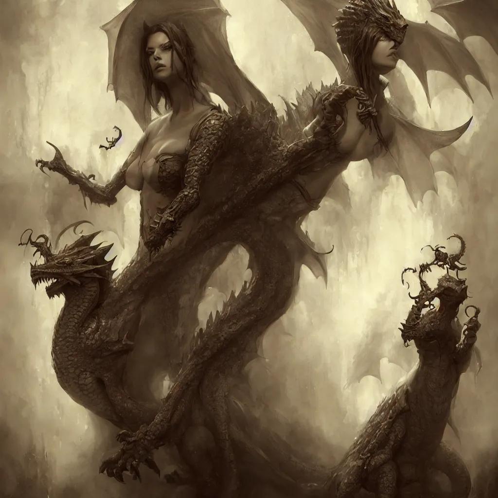 Image similar to a woman in a costume with a dragon, an ultrafine detailed painting by Bastien Lecouffe-Deharme, featured on zbrush central, fantasy art, zbrush, detailed painting, ambient occlusion