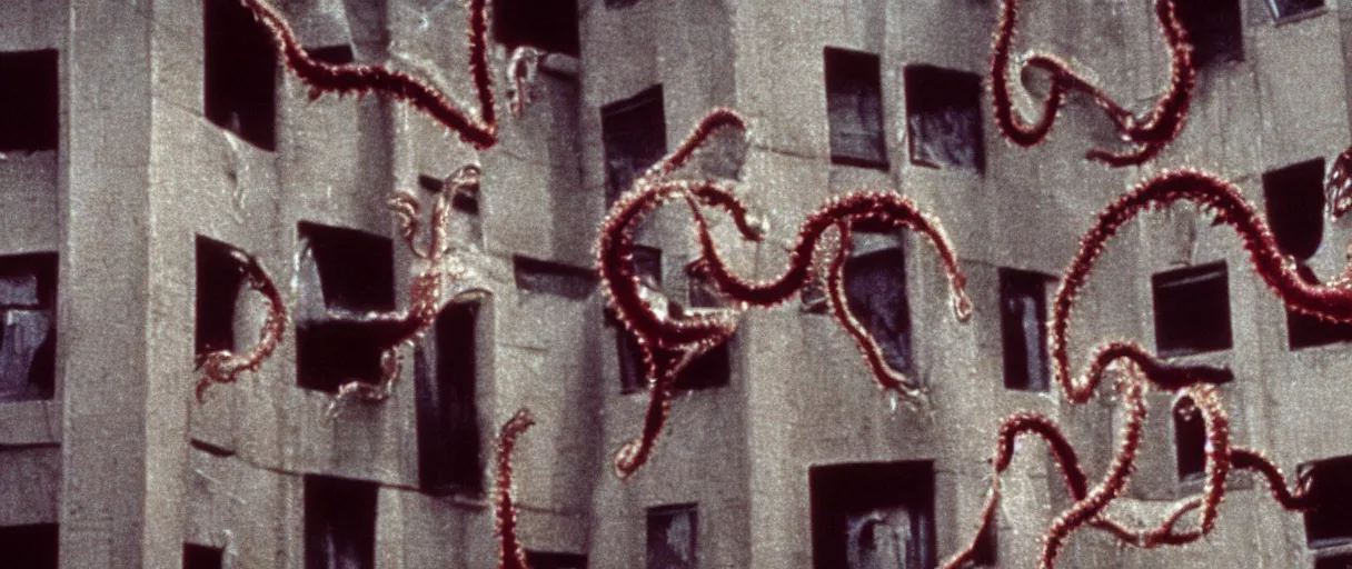 Prompt: filmic extreme close up exterior shot movie still 4 k uhd 3 5 mm film color photograph of a family jumping off a building laughing with tentacle arms happy, only color results, in the style of the horror film the thing 1 9 8 2