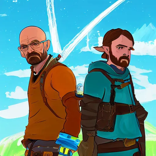 Image similar to walter white and jesse pinkman in zelda breath of the wild art style