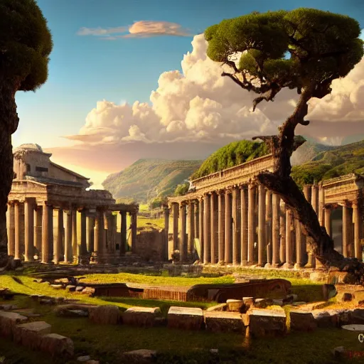 Image similar to highly detailed painting of an idyllic ancient roman city landscape, dramatic, sense of scale, stephen bliss, unreal engine, greg rutkowski, ilya kuvshinov, ross draws, hyung tae and frank frazetta, tom bagshaw, tom whalen, nicoletta ceccoli, mark ryden, earl norem, global illumination, god rays, beautiful