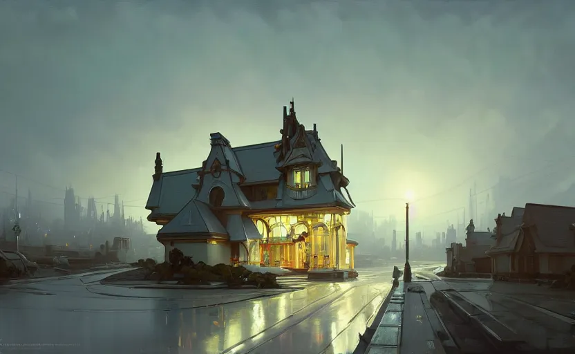 Image similar to painting of a wide angle exterior shot of a white modern architecture with cinematic lighting by richard rogers, darek zabrocki and greg ruthkowski, alphonse mucha, simon stalenhag and cinematic and blue cold atmospheric, archillect concept art, artstation, trending on artstation