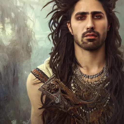 Prompt: portrait painting of a middle - eastern man with shoulder length hair wearing a tattered feather cloak and armor, ultra realistic, concept art, intricate details, eerie, highly detailed, photorealistic, octane render, 8 k, unreal engine. art by artgerm and greg rutkowski and charlie bowater and magali villeneuve and alphonse mucha