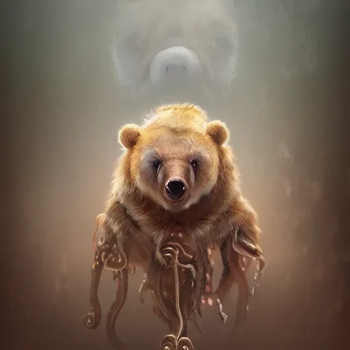 Prompt: high plausibility animal, ursine bear body, octopus limbs, 🐙 head and face, octobear, fierce chimera beast, cinematic painterly digital art, 4 k, 8 k