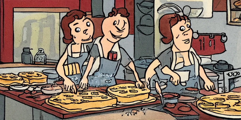 Image similar to A couple baking waffles, cartoon