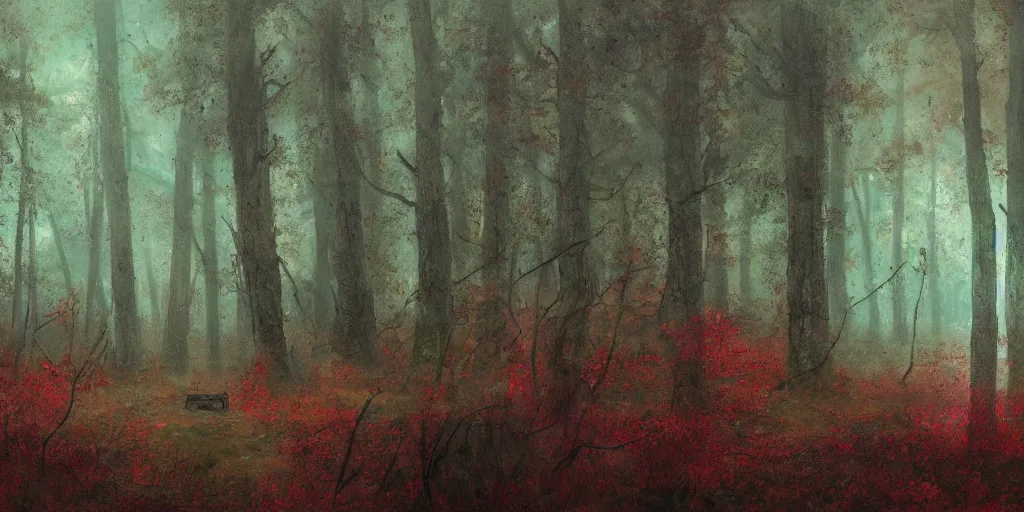 Prompt: an old broken ship in an autumn forest, green and red tones, by Aron Wiesenfeld and beksincki, cinematic, detailed illustration, nature, fog, dark colors, suspense, intricate, 8k