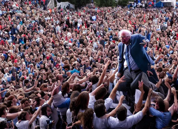 Image similar to publicity photo still of bernie sanders crowd surfing live on stage, 8 k, live concert lighting, mid shot