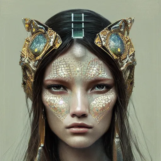 Image similar to a robotic goddess, jewelry skin, highly detailed, digital painting, smooth, sharp, beautiful face, expressive eyes, highly intricate, art by greg rutkowski and alex gray