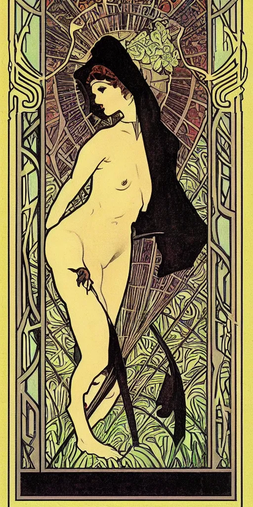 Image similar to an art deco illustration of the grim reaper on a tarot card with an elegant border by alphonse mucha