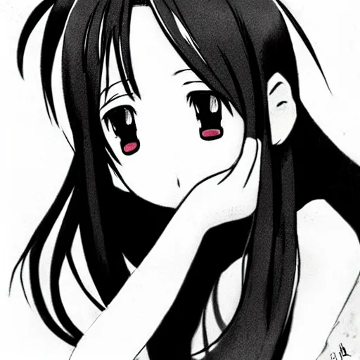 Prompt: arisu shimada crying and pouting, black and white, 2 d art, anime art, headshot, cute, kawaii, moe