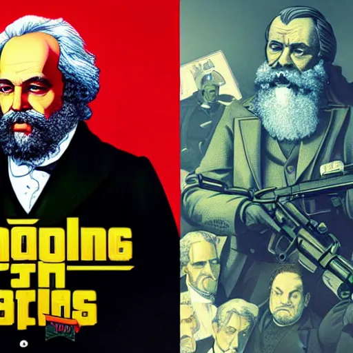 Image similar to Karl Marx in GTA V, Cover art by Stephen Bliss, boxart, loading screen