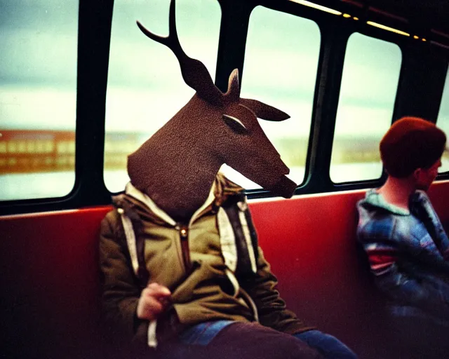 Image similar to a lomography photo of rumble between two human with deer head in soviet train this morning, bokeh,