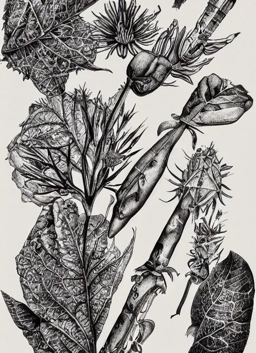 Image similar to black and white botanical art of mysterious and arcane mechnical items. composition, boho mystical, fine lines, very high details