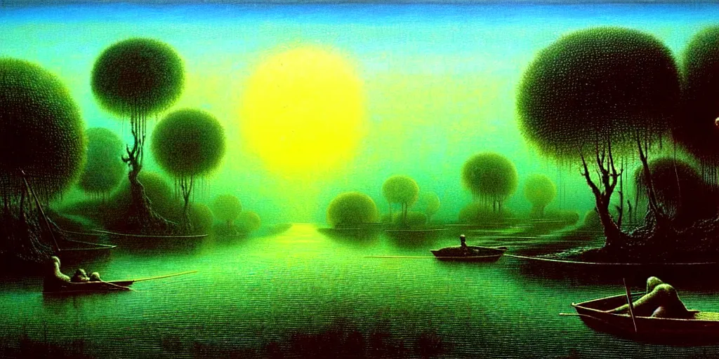 Image similar to A very detailed painting in the style of Beksinski featuring a river in Europe surrounded by trees and fields. A rubber dinghy is slowly moving through the water. Sun is shining