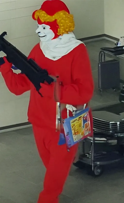 Image similar to security footage of ronald mcdonald robbing a bank with a gun. award winning. very high quality. hq. hd.