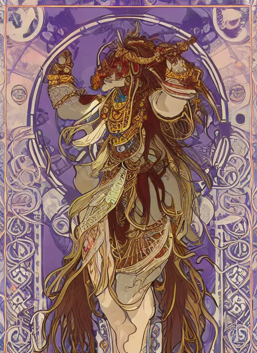 Prompt: a tauren of tranquility, hyper detailed, character concept, full body, dynamic pose, intricate, lineart, cerpuscular rays, by yoshitake amano, alfons mucha, 8 k, unreal