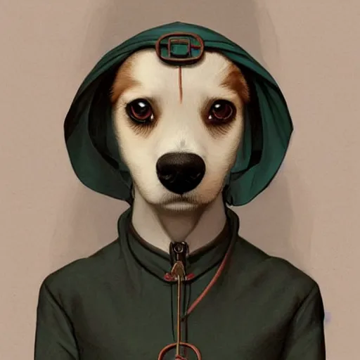 Image similar to portrait of a dystopian cute dog wearing an outfit inspired by the handmaid ’ s tale ( 2 0 1 7 ), intricate, headshot, highly detailed, digital painting, artstation, concept art, sharp focus, cinematic lighting, digital painting, art by artgerm and greg rutkowski, alphonse mucha, cgsociety